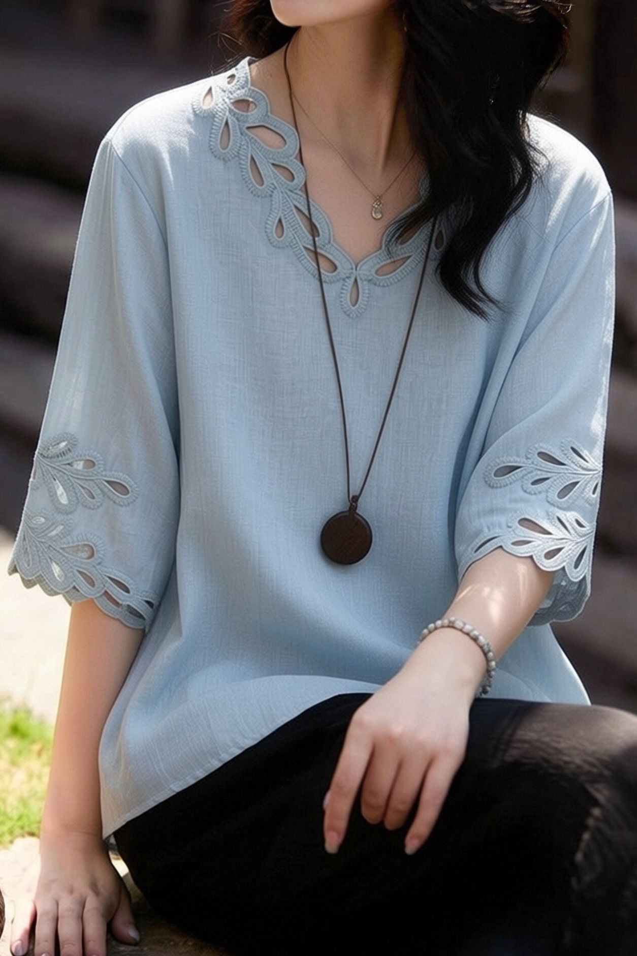 Casual V-Neck Crochet Mid Sleeve T-Shirt - liwisi