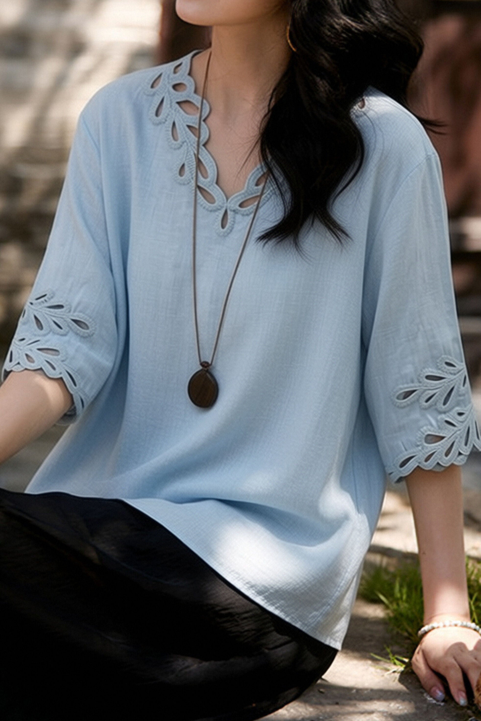 Casual V-Neck Crochet Mid Sleeve T-Shirt - liwisi