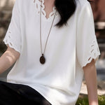 Casual V-Neck Crochet Mid Sleeve T-Shirt - liwisi