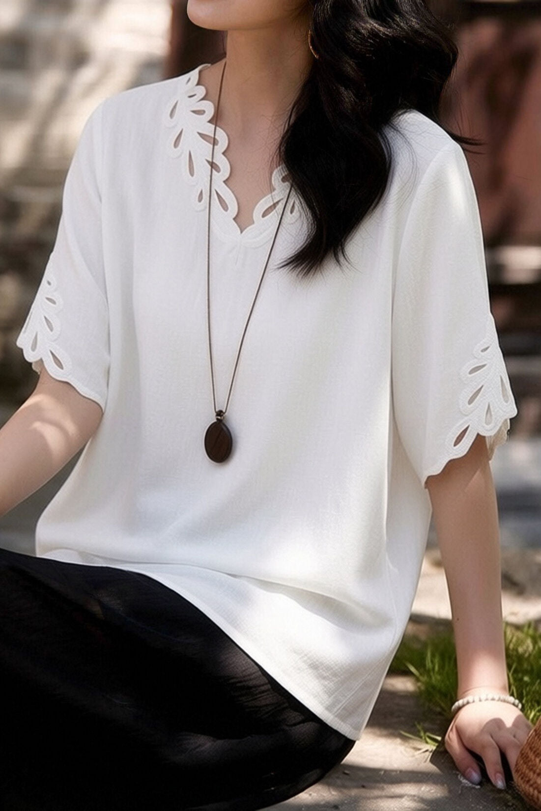 Casual V-Neck Crochet Mid Sleeve T-Shirt - liwisi