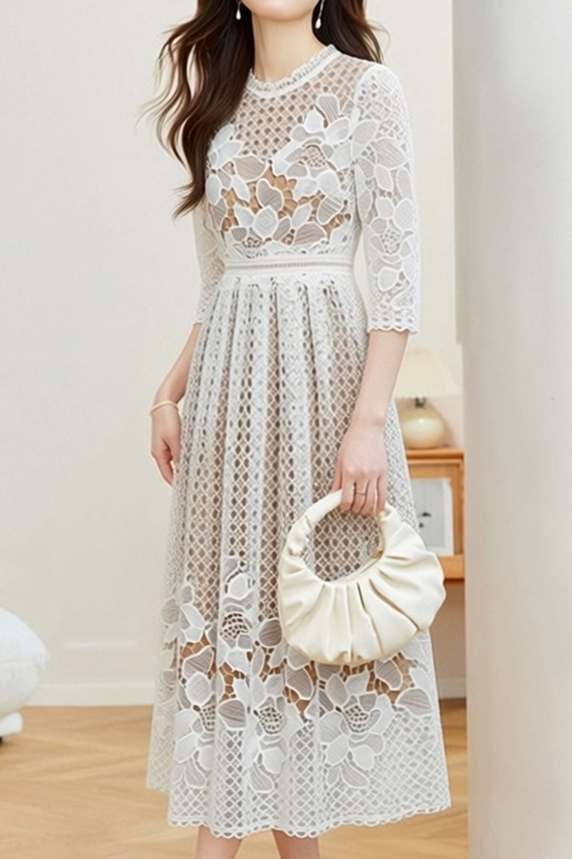 Elegant Textured Hollow Out Dress - liwisi