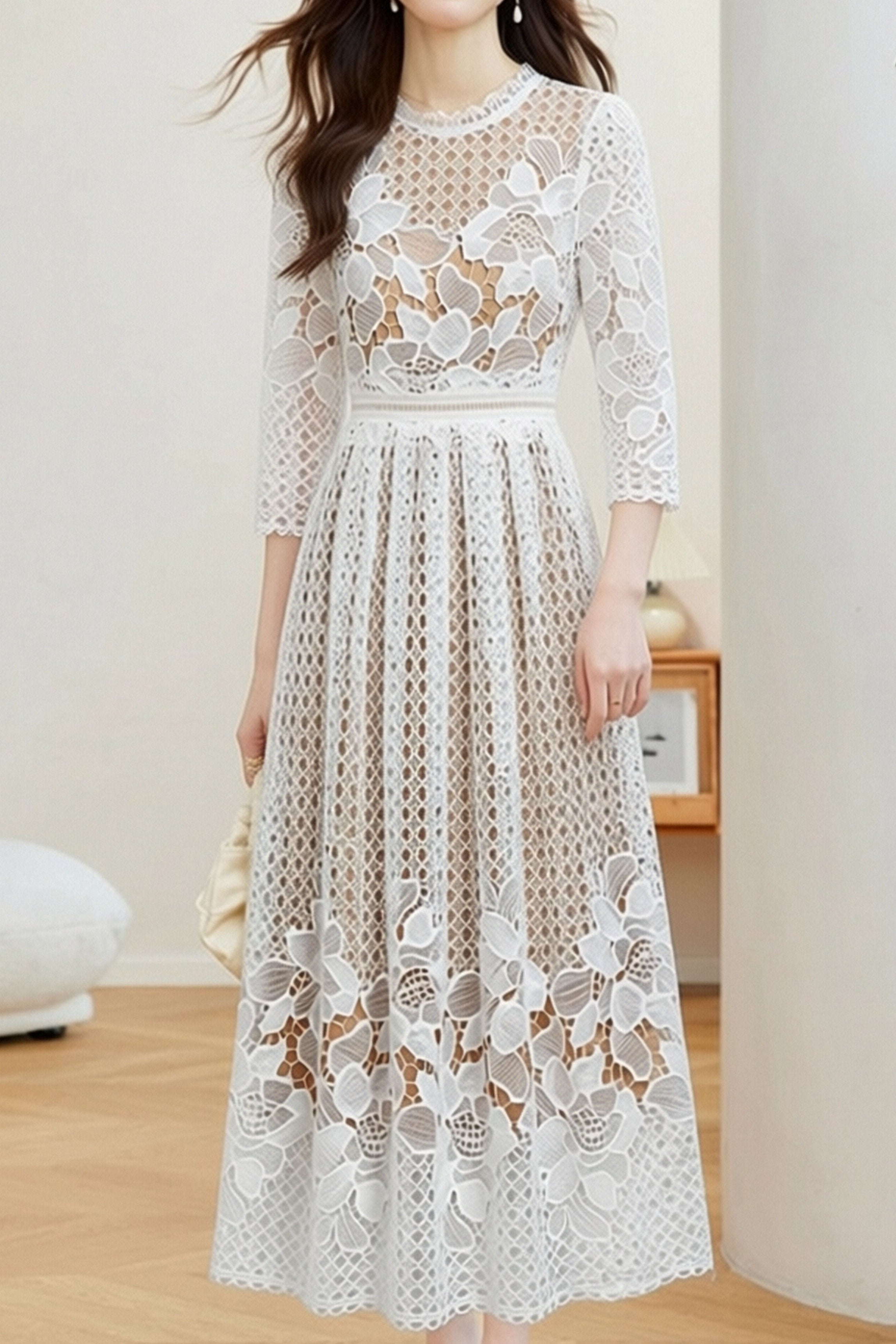 Elegant Textured Hollow Out Dress - liwisi