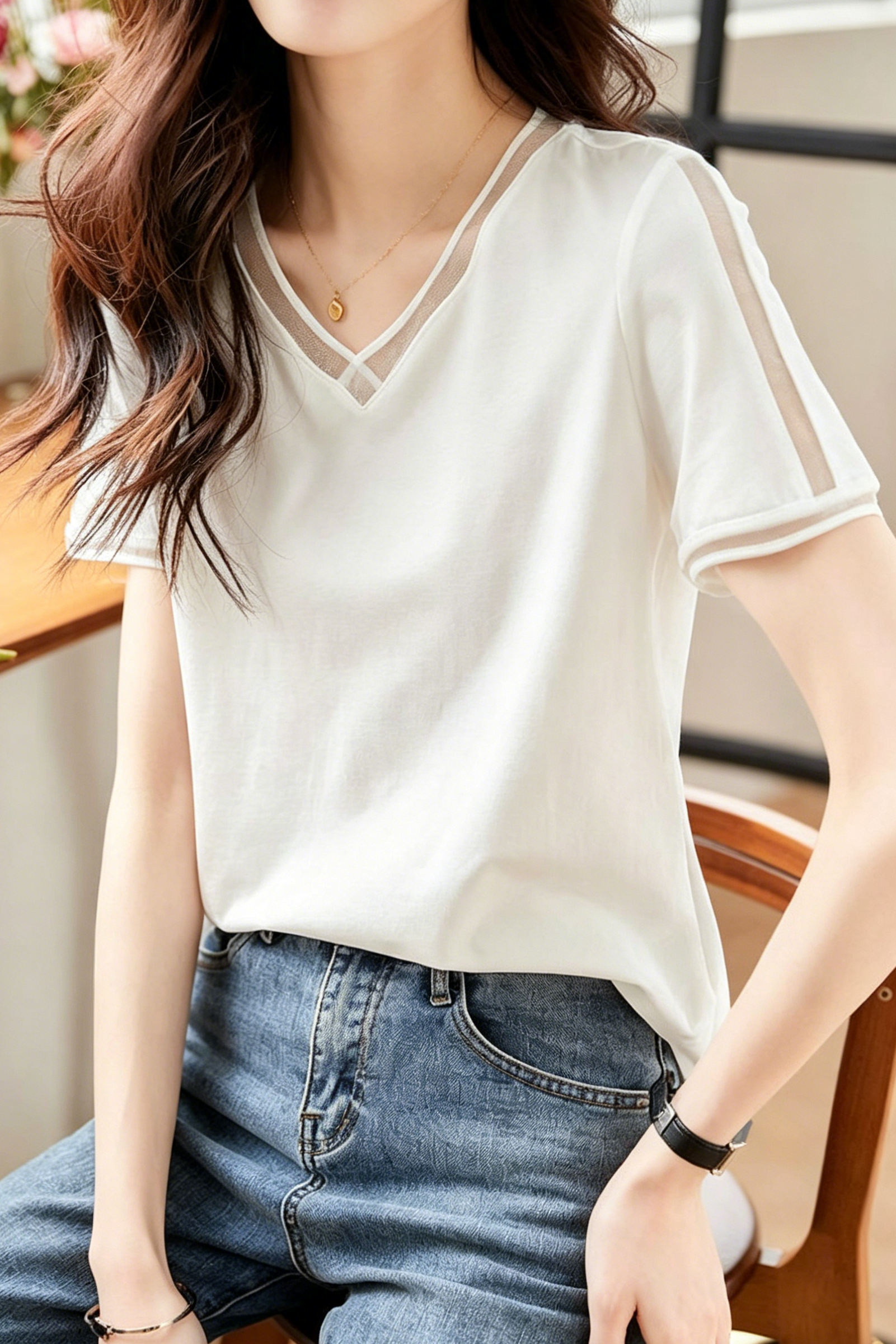 Casual Versatile V-Neck Spliced T-Shirt - liwisi