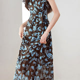 Elegant V-Neck Rose Printed Dress - liwisi