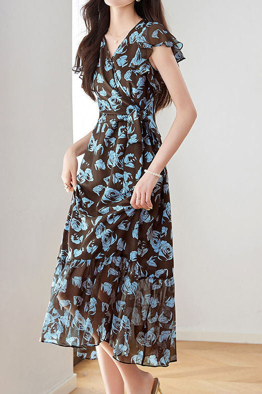 Elegant V-Neck Rose Printed Dress - liwisi