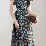 Elegant V-Neck Rose Printed Dress - liwisi