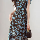Elegant V-Neck Rose Printed Dress - liwisi