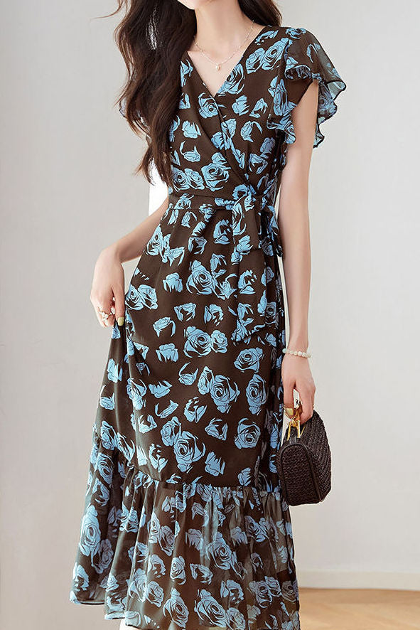 Elegant V-Neck Rose Printed Dress - liwisi
