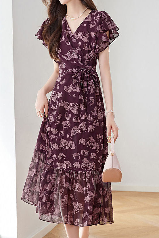 Elegant V-Neck Rose Printed Dress - liwisi