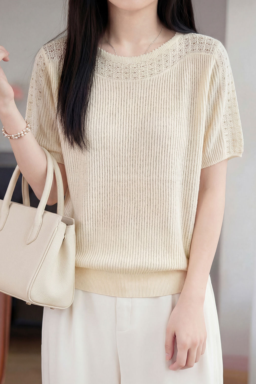 Casual Hollow Out Short Sleeve Knit Sweater - liwisi