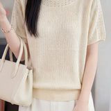 Casual Hollow Out Short Sleeve Knit Sweater - liwisi