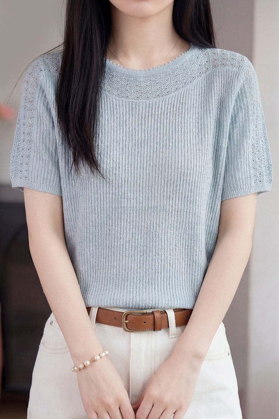 Casual Hollow Out Short Sleeve Knit Sweater - liwisi