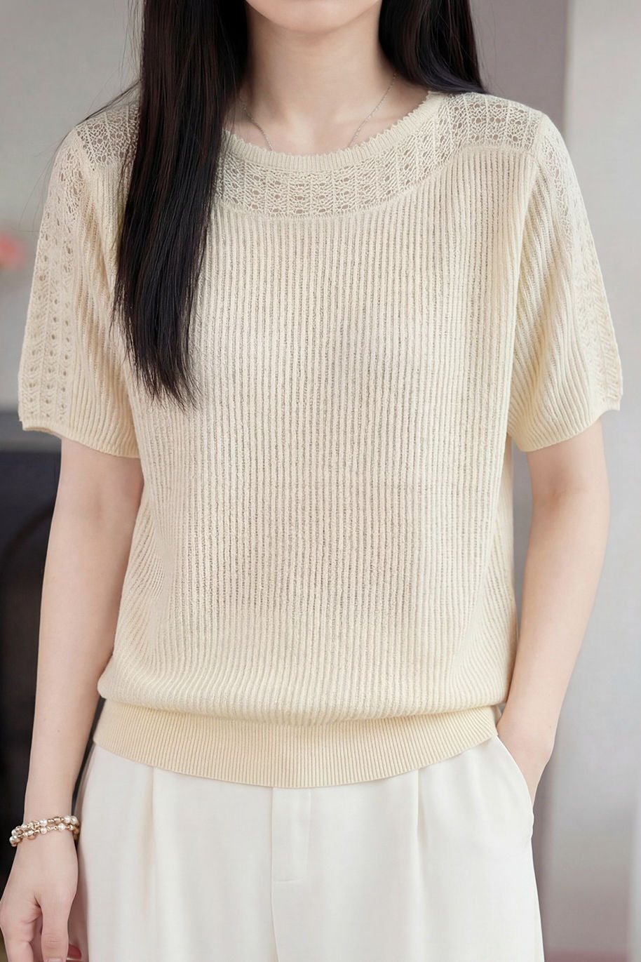 Casual Hollow Out Short Sleeve Knit Sweater - liwisi