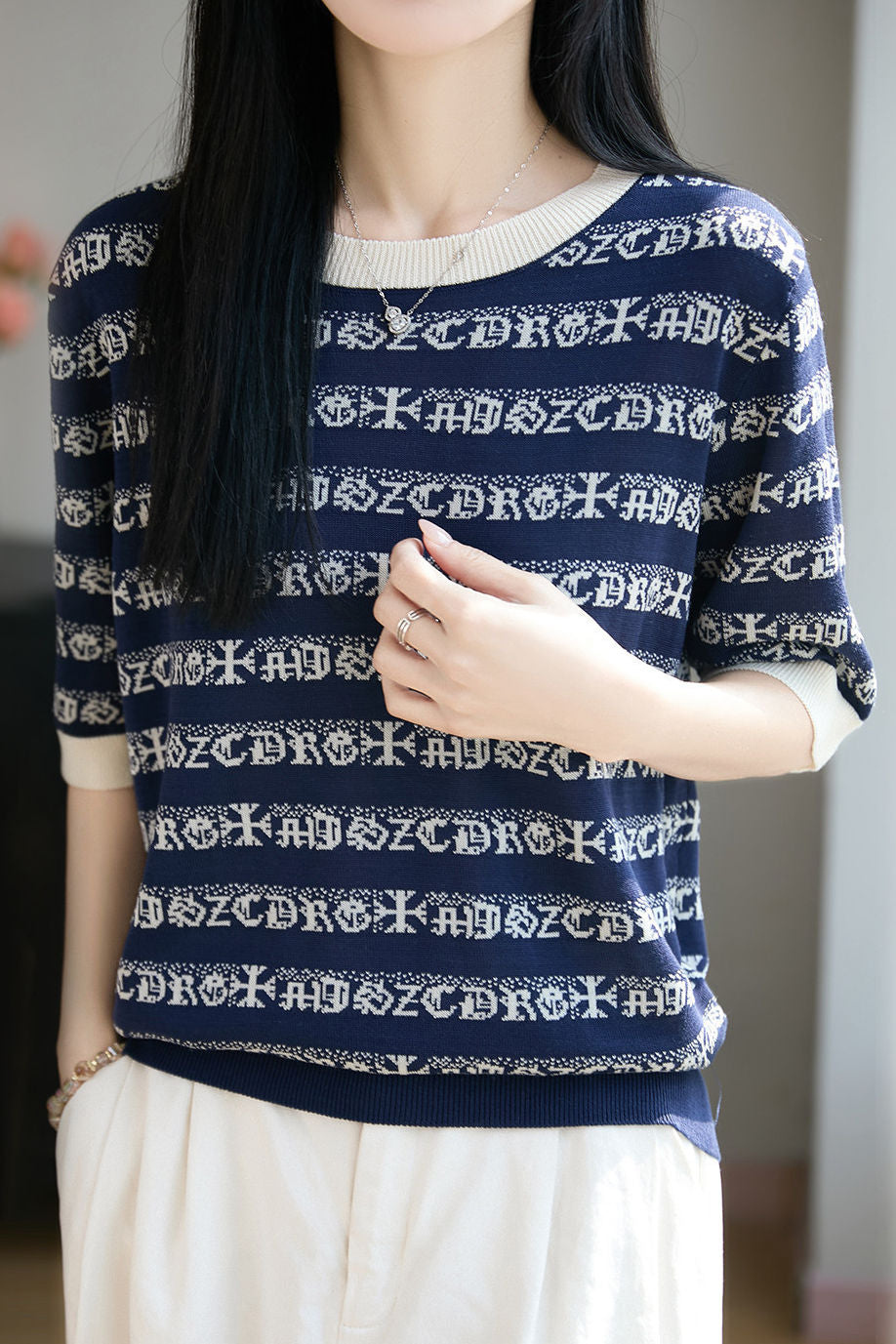 Casual Stripe Printed Knit Sweater - liwisi