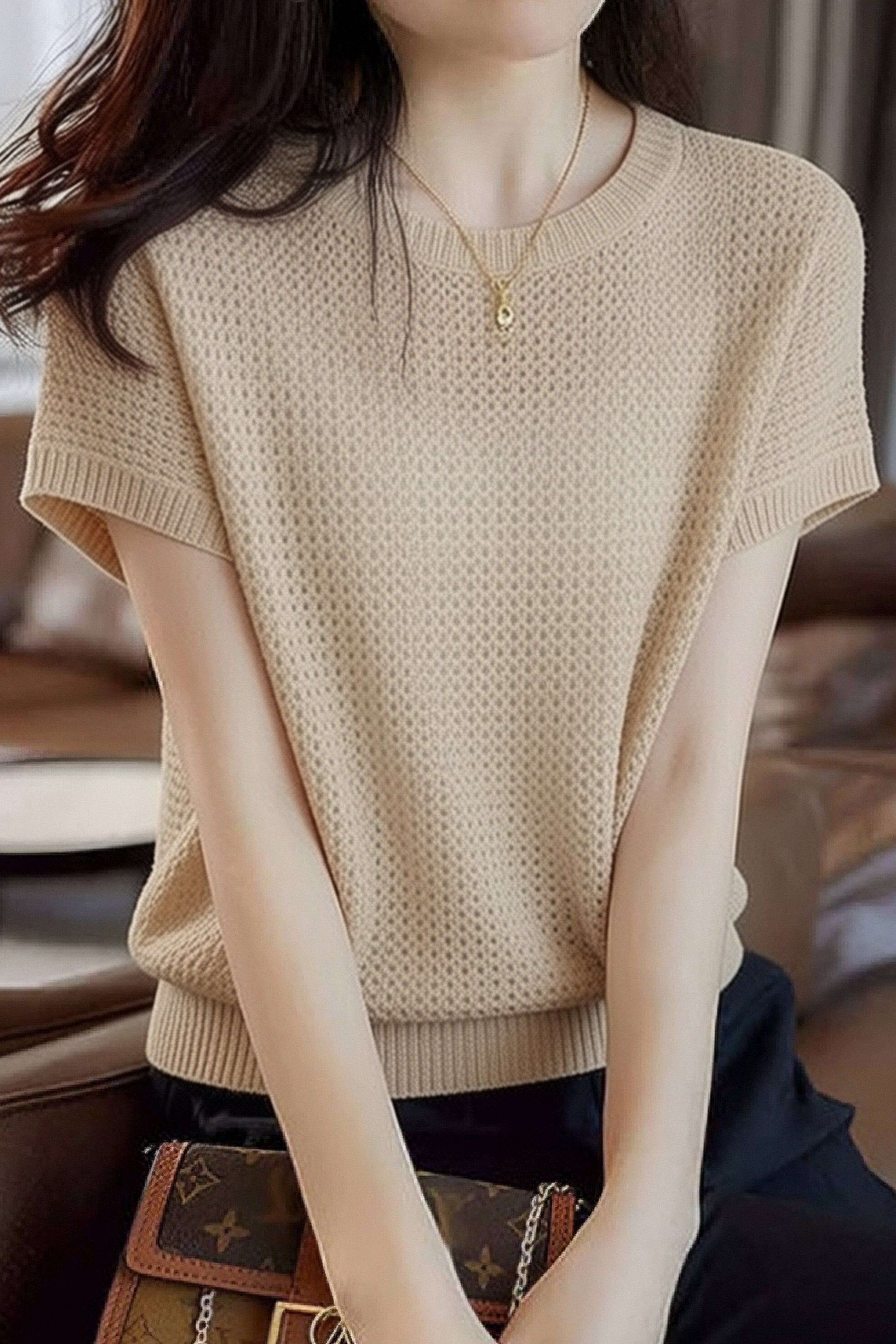 Casual Crew Neck Hollow Knit Sweater - liwisi