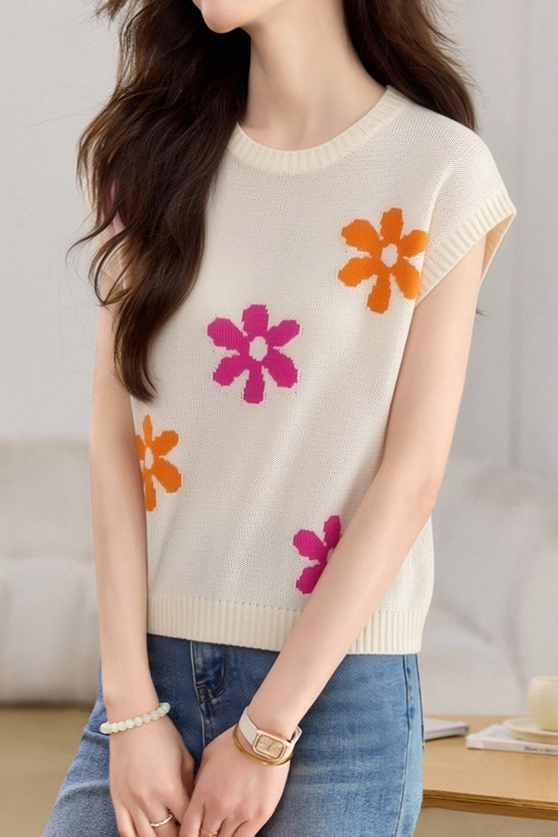 Casual Floral Pattern Knit Sweater - liwisi