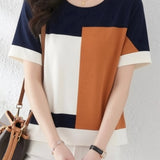 Casual Square Color Block Short Sleeve T-Shirt - liwisi