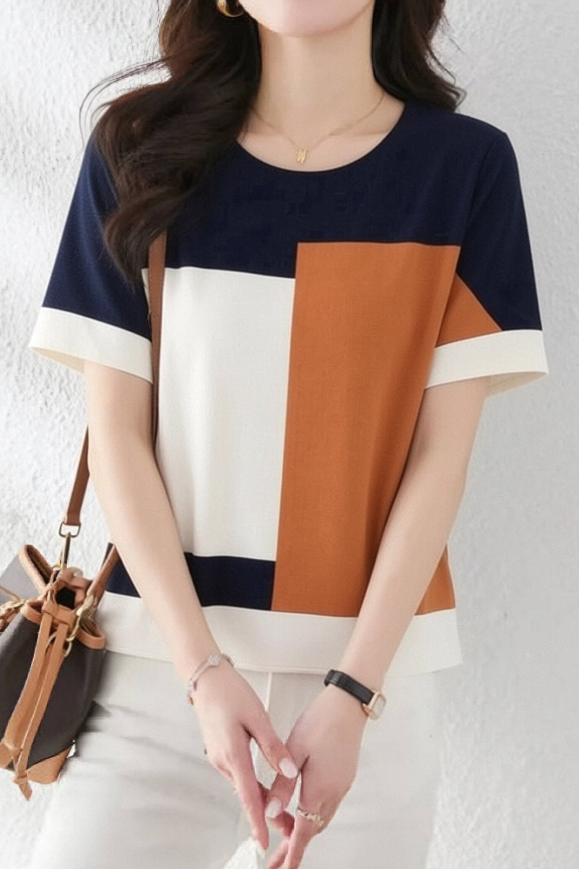 Casual Square Color Block Short Sleeve T-Shirt - liwisi