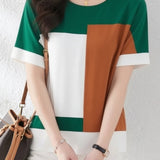Casual Square Color Block Short Sleeve T-Shirt - liwisi