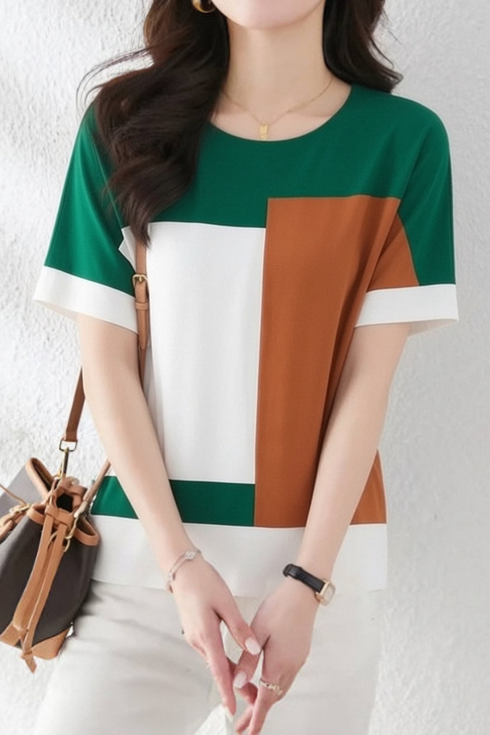 Casual Square Color Block Short Sleeve T-Shirt - liwisi