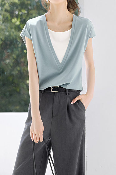 Casual Fake Two-Piece Color Block T-Shirt - liwisi