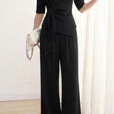 French V-Neck Wide Leg Pants Set - liwisi