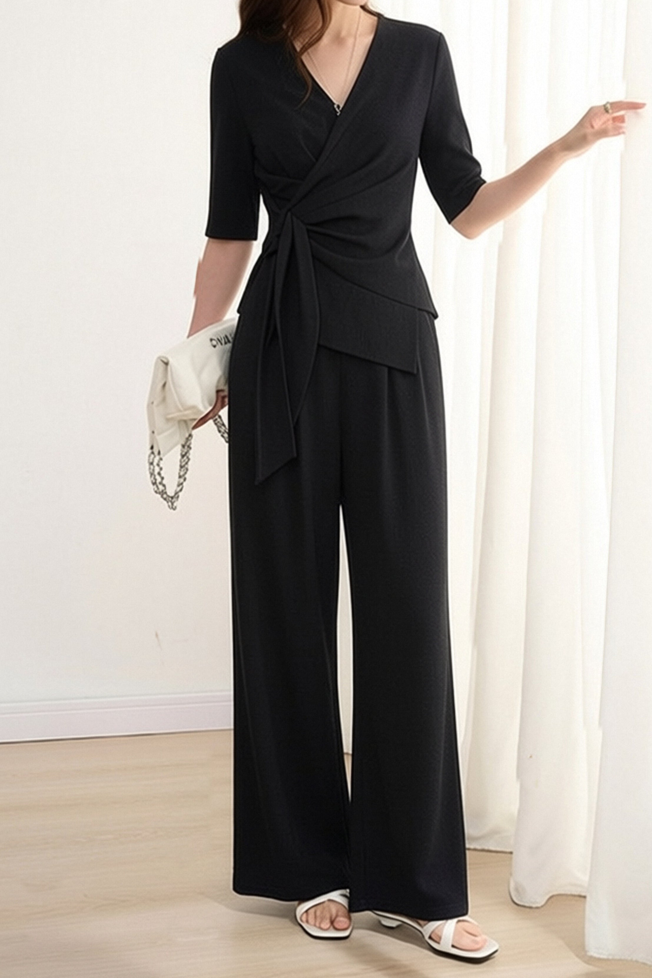 French V-Neck Wide Leg Pants Set - liwisi