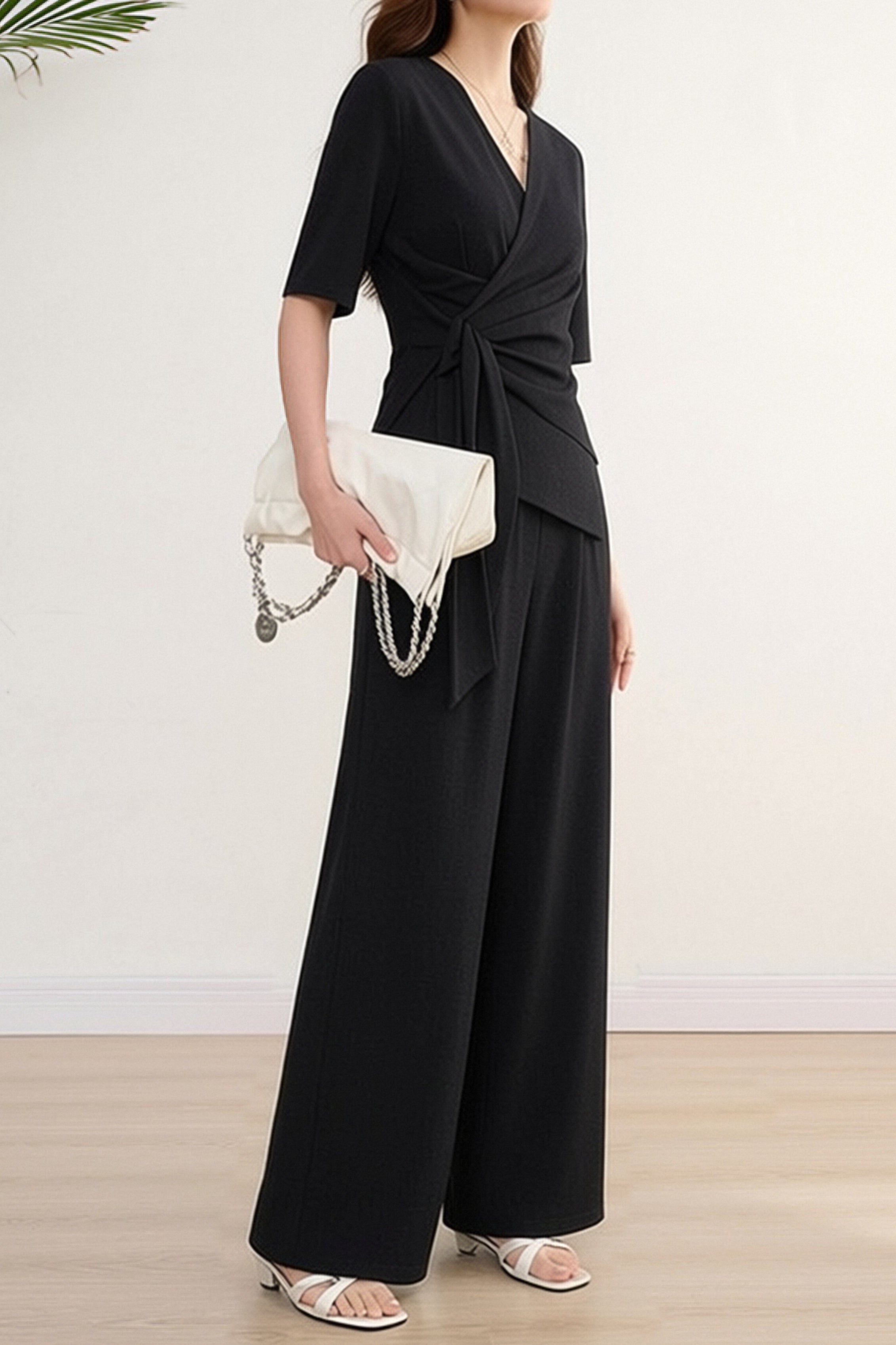 French V-Neck Wide Leg Pants Set - liwisi