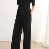 French V-Neck Wide Leg Pants Set - liwisi