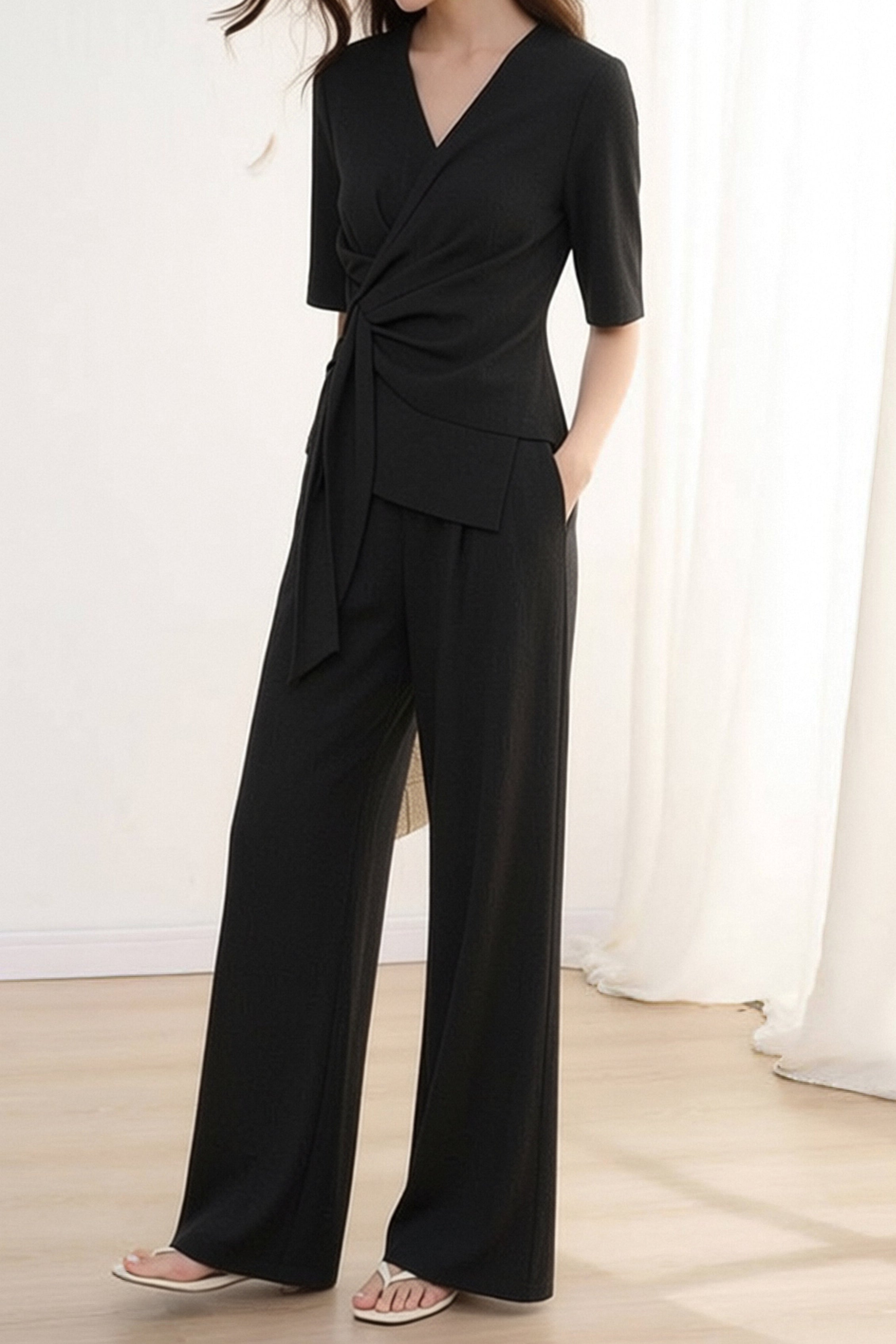 French V-Neck Wide Leg Pants Set - liwisi