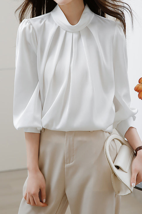 Elegant Pleated Stand Collar Shirt - liwisi