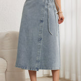 Elegant Drawstring Denim Midi Skirt - liwisi