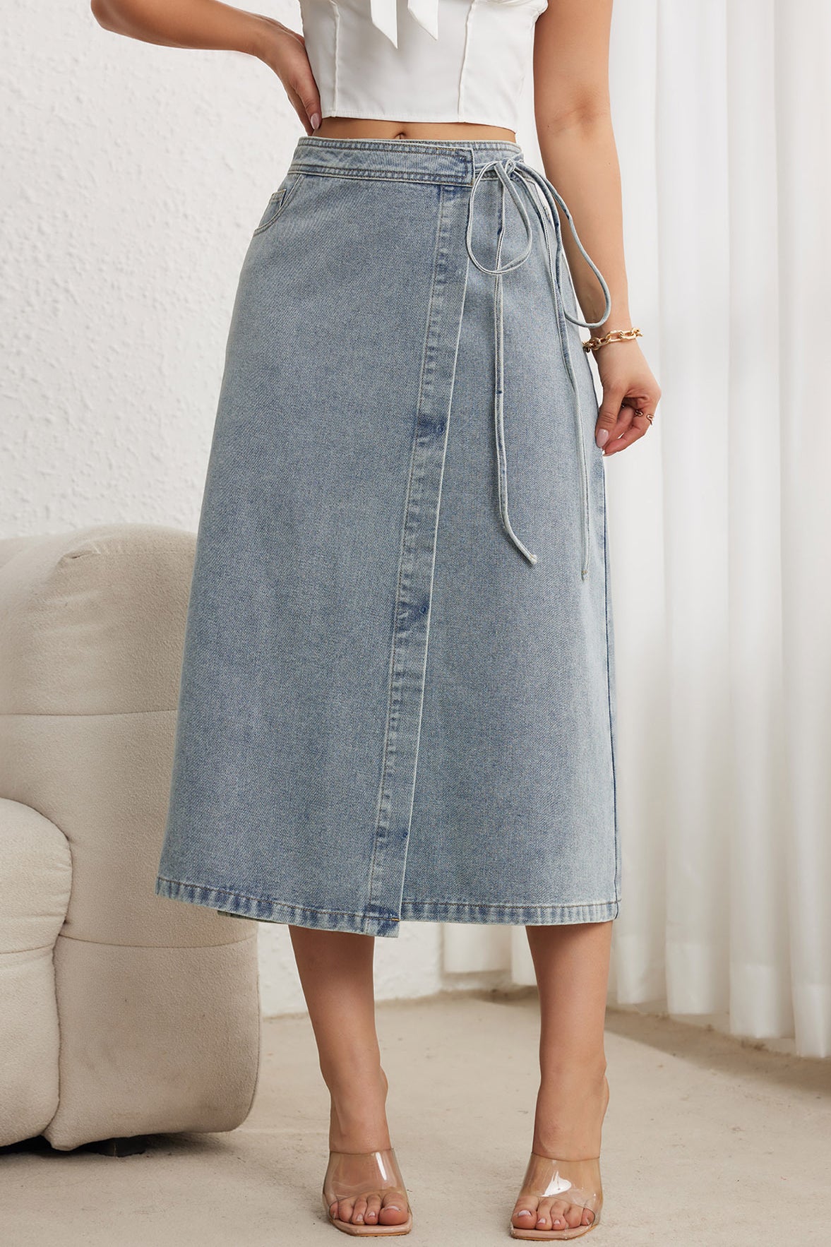 Elegant Drawstring Denim Midi Skirt - liwisi