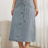 Elegant Drawstring Denim Midi Skirt - liwisi