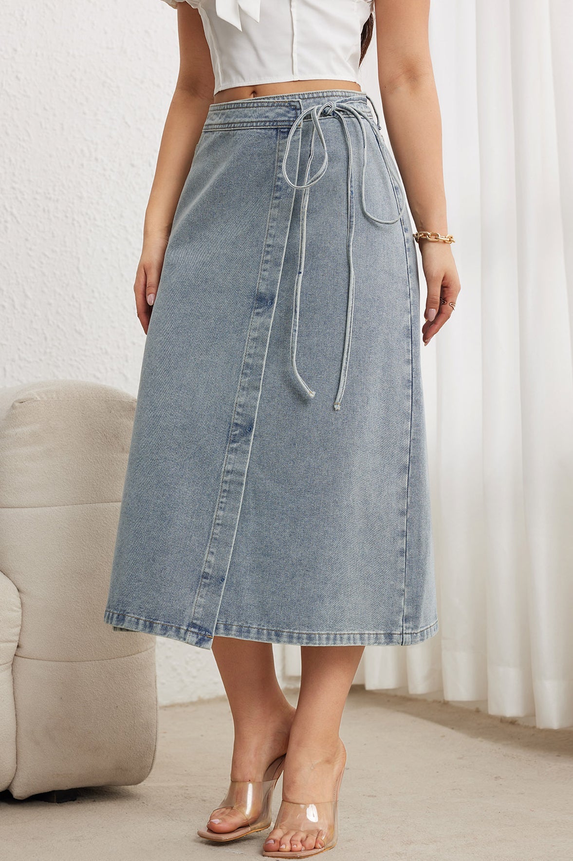 Elegant Drawstring Denim Midi Skirt - liwisi