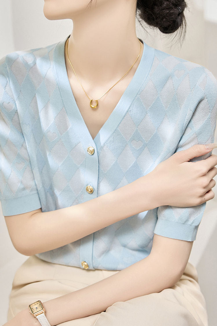 Casual V-Neck Geometric Texture Knit Cardigan - liwisi