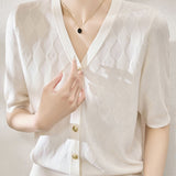 Casual V-Neck Geometric Texture Knit Cardigan - liwisi