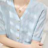 Casual V-Neck Geometric Texture Knit Cardigan - liwisi