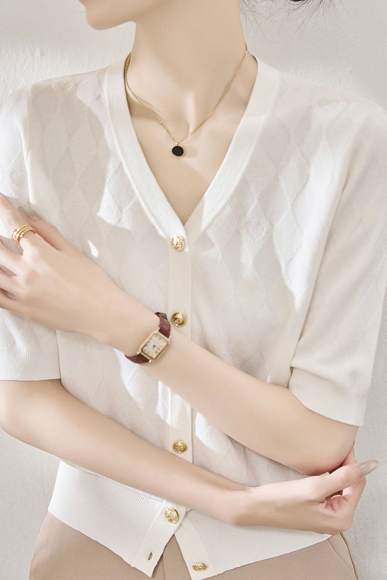 Casual V-Neck Geometric Texture Knit Cardigan - liwisi