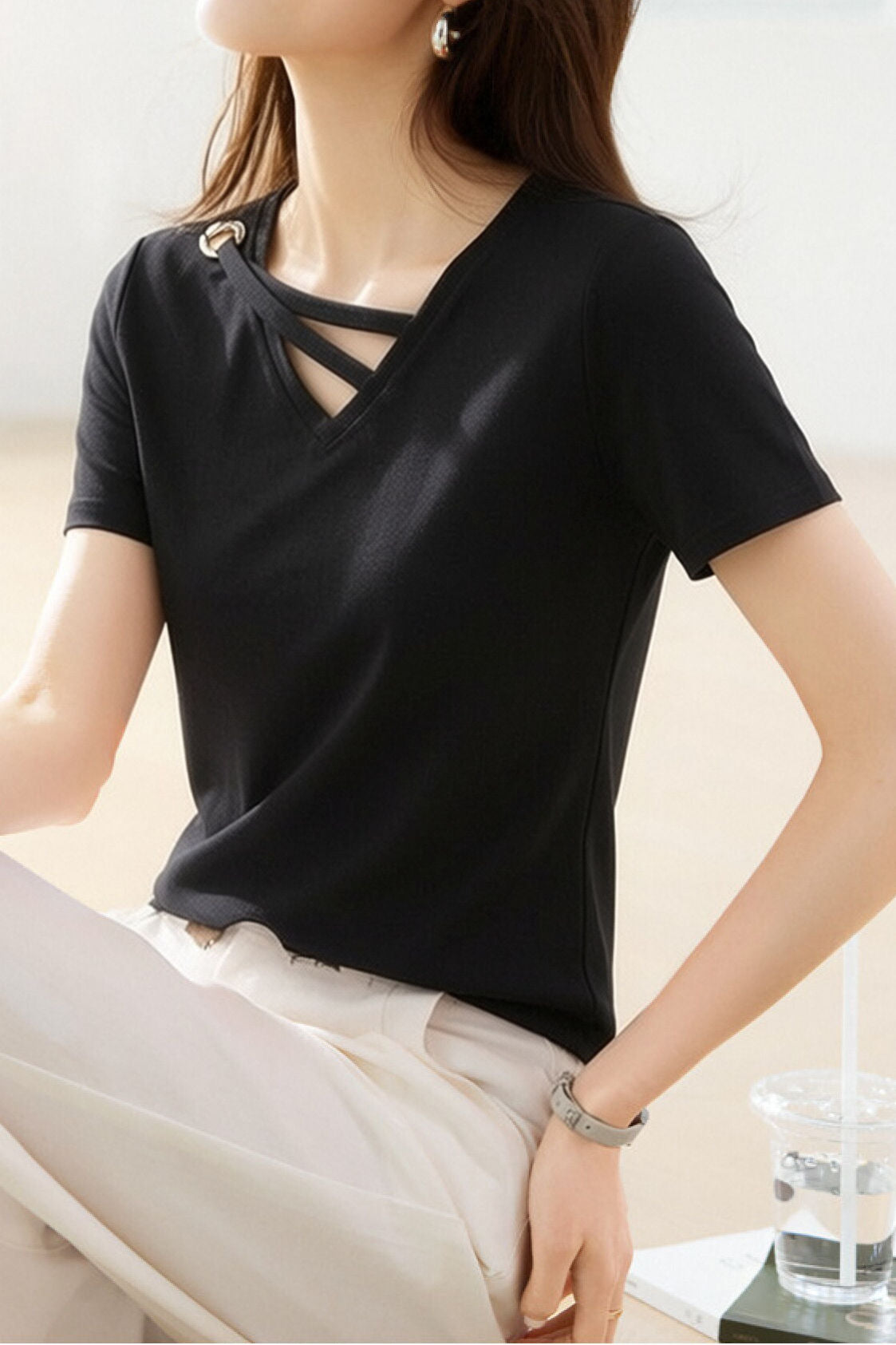 Casual Design V-Neck T-Shirt - liwisi