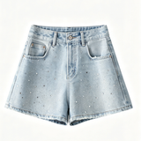 Casual Rhinestone High Waist Denim Shorts - liwisi