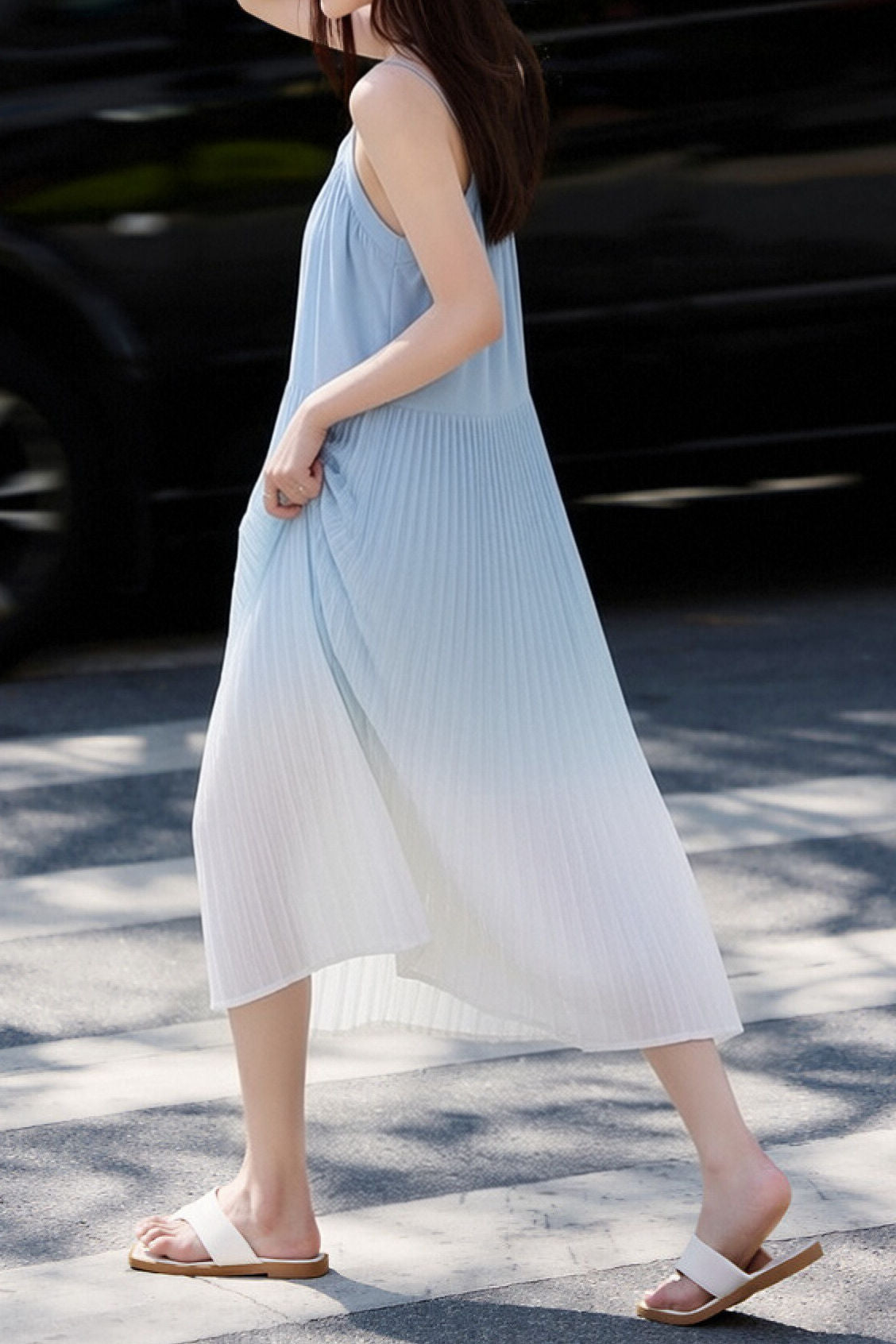 Casual Pleated Gradient Spaghetti Dress - liwisi