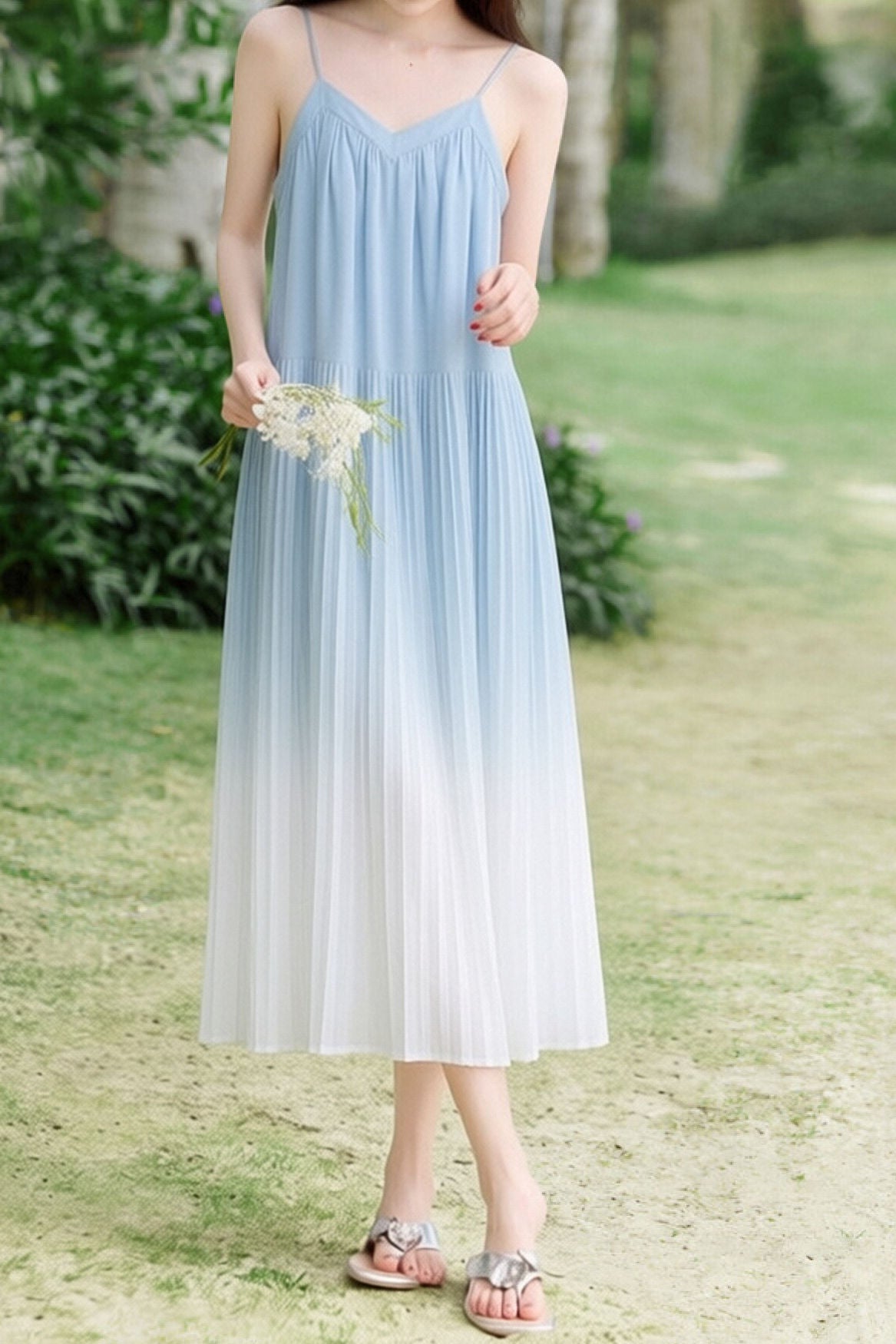 Casual Pleated Gradient Spaghetti Dress - liwisi