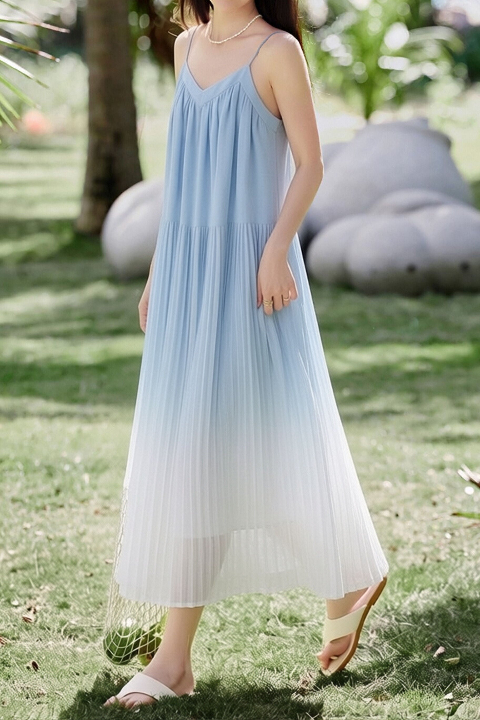 Casual Pleated Gradient Spaghetti Dress - liwisi