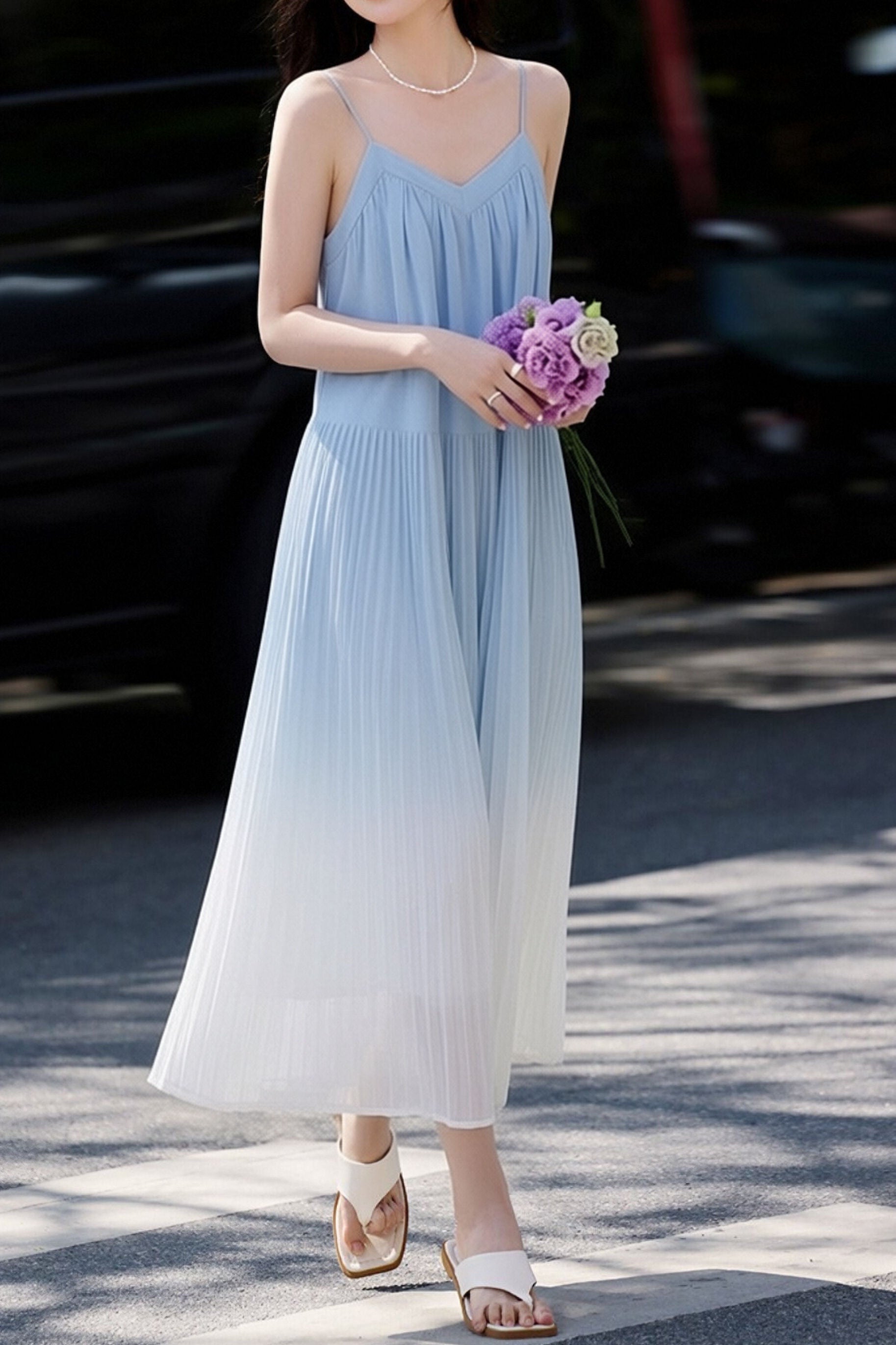 Casual Pleated Gradient Spaghetti Dress - liwisi