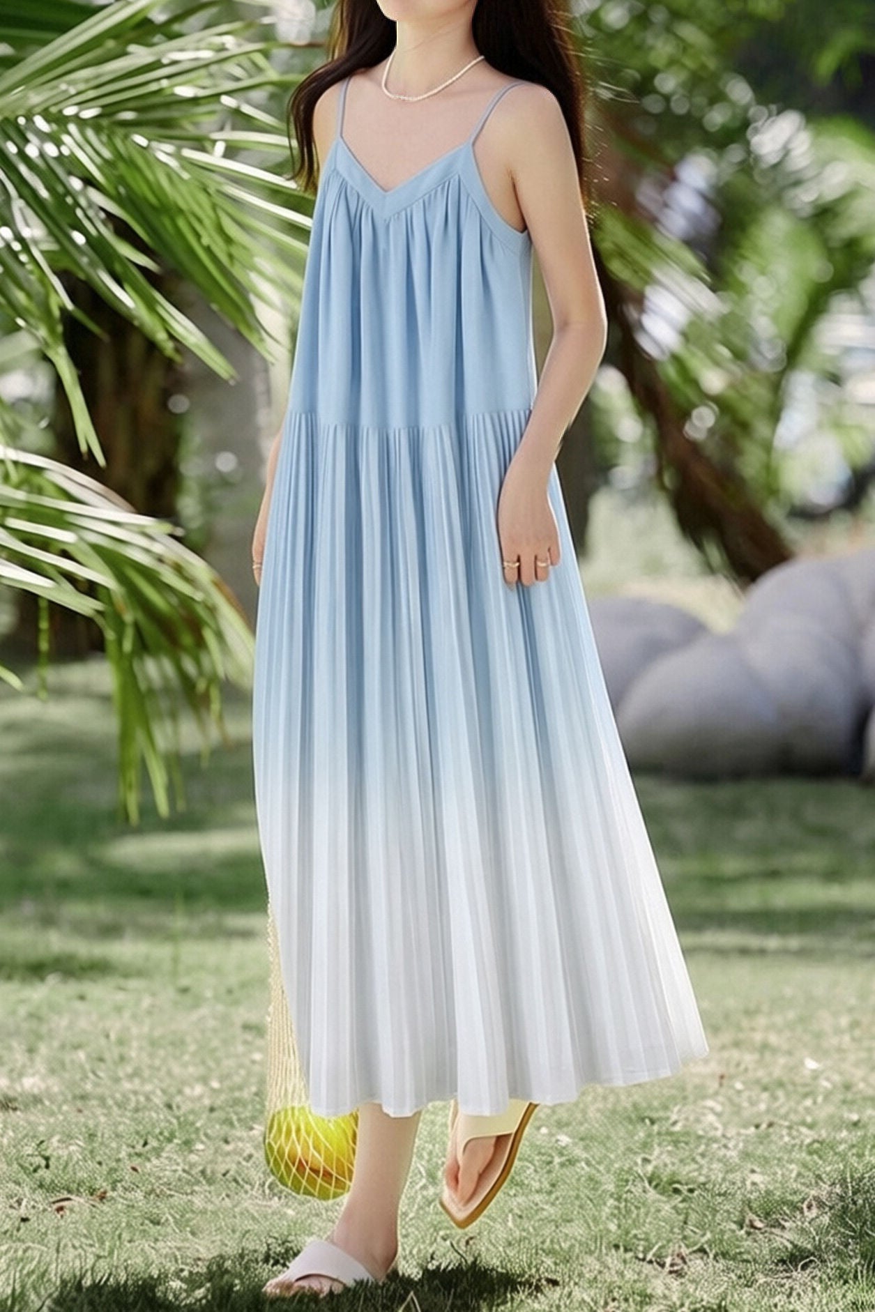 Casual Pleated Gradient Spaghetti Dress - liwisi