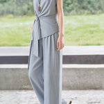 Casual Waist Tie V-Neck Set - liwisi