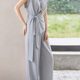 Casual Waist Tie V-Neck Set - liwisi