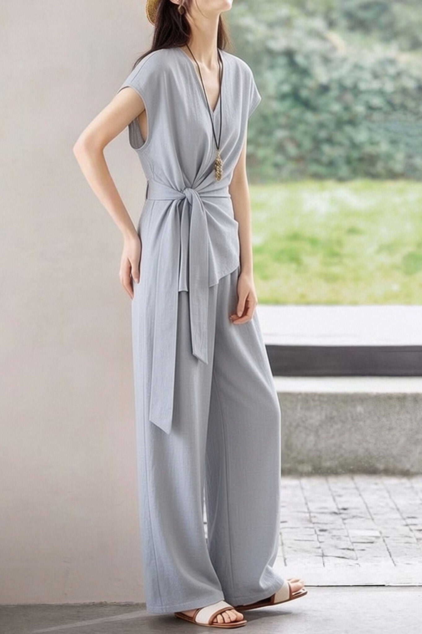 Casual Waist Tie V-Neck Set - liwisi