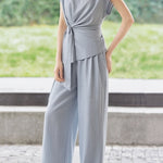 Casual Waist Tie V-Neck Set - liwisi